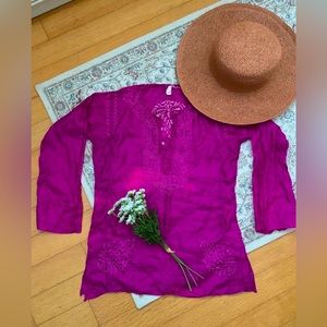 Vintage 1970s 100% Silk Hippie Peasant Boho Magenta Blouse Made in India RARE